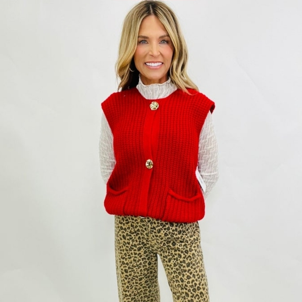Red Sweater Vest with Gold Buttons